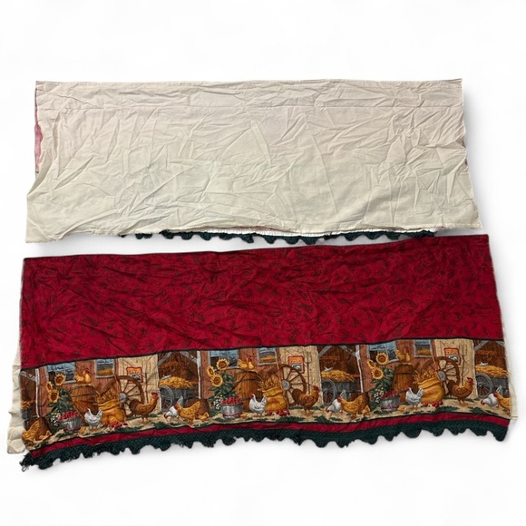 Vintage Farmhouse Kitchen Curtains Rooster & Hen Barnyard Scene 52x21” Pair - Picture 3 of 4